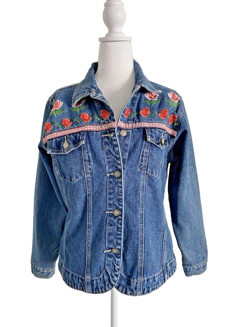 Vintage Denim Jacket Embroidered Roses Boho Women's Medium Bill Blass Jeans 90's